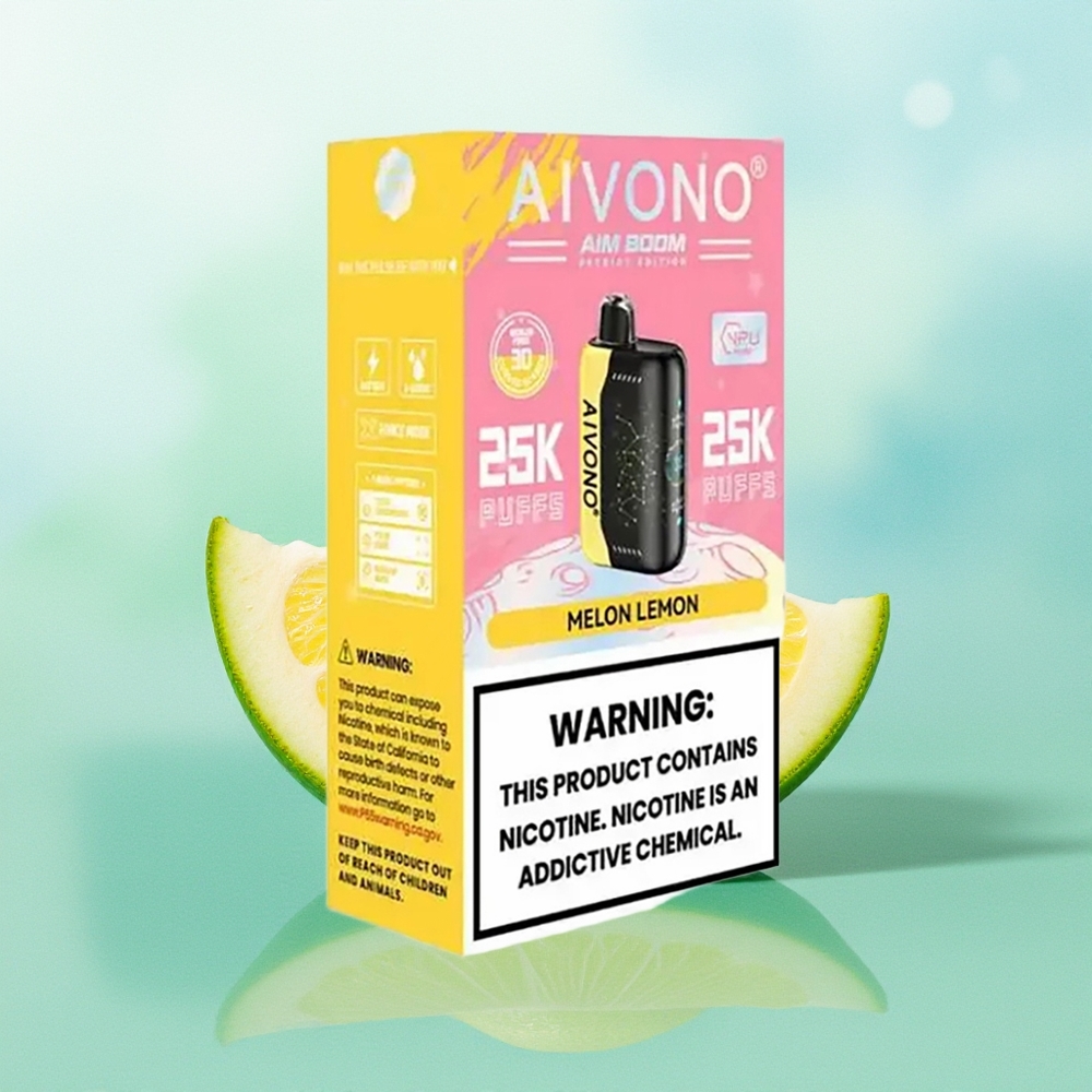 Aivono Aim Boom 25000 Pūkų Melionas Citrina 0%-5% Nikotino 28ml E-Skysčio 650mAh Baterija 1.2 ohm Tinklelio Ritė USB-C Įkrovimas 90g Svorio