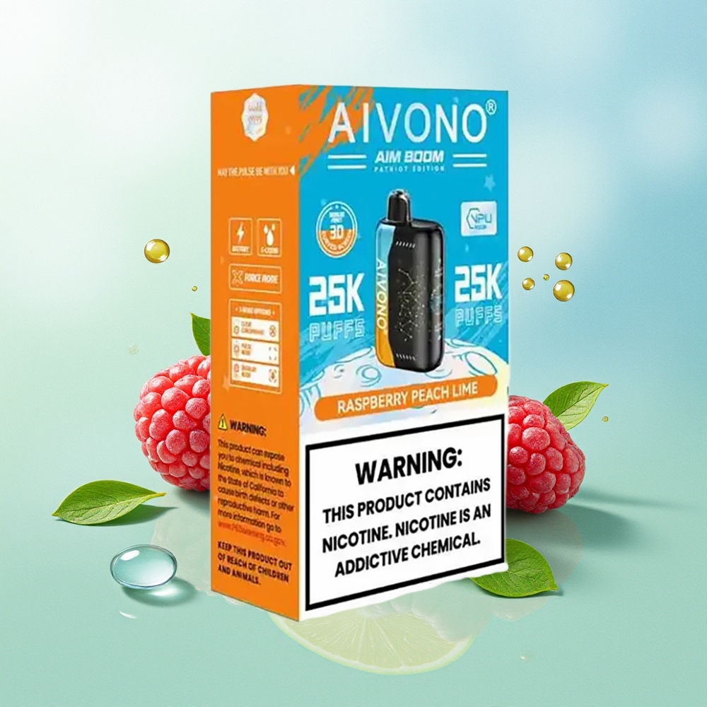 Aivono Aim Boom 25000 Pūkštelių Avietės Persikų Citrinų 28ml 650mAh 1.2 Ohm Tinklelinė Apvija Type-C Įkrovimas 90g