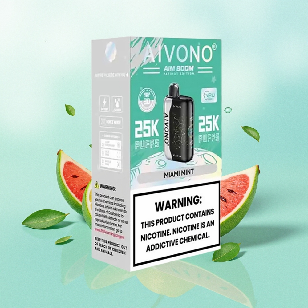 Aivono Aim Boom 25000 Pūkštelių Miami Mėta 28ml 650mAh 1.2 ohm Tinklelinė Ritė Type-C Įkrovimas 90g