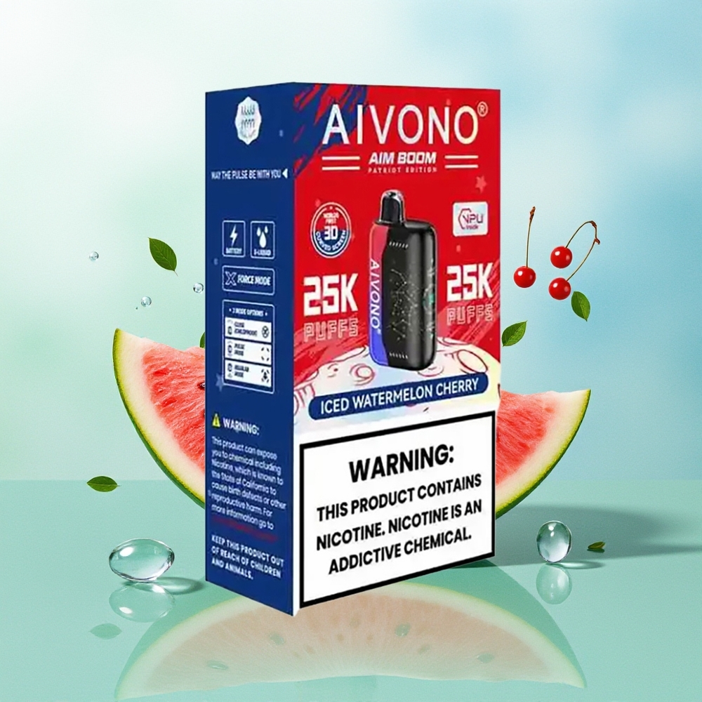 Aivono Aim Boom 25000 Pūkštelių Vienkartinis Garintuvas Šaldytas Arbūzas Vyšnia 0%-5% Nikotino 28ml E-Skysčio 650mAh 1.2Ω Tinklelinė Ritė Type-C Įkrovimas 90g