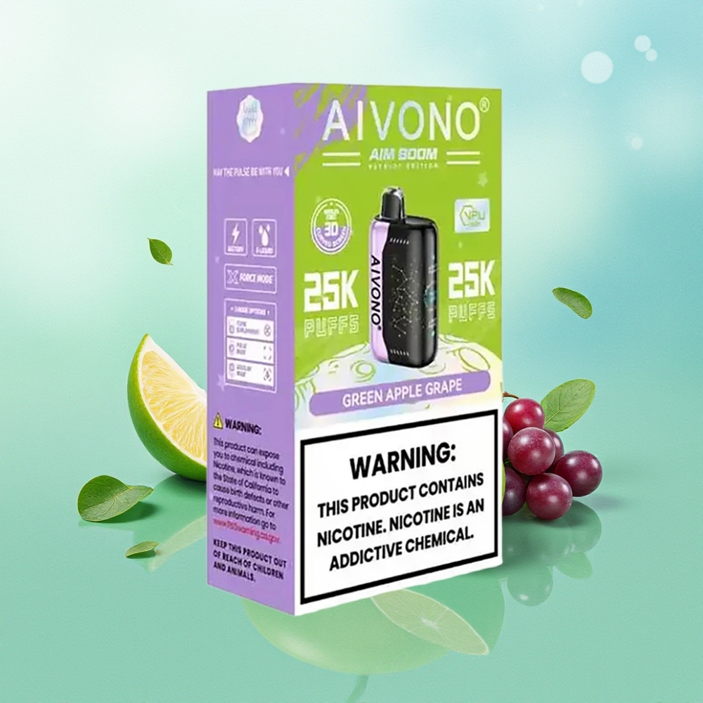 Aivono Aim Boom 25000 Pūkštelių Žalioji Obuolio Vynuogė 28ml 650mAh 1.2 Ohm Tinklinė Apvija Type-C Įkrovimas 90g