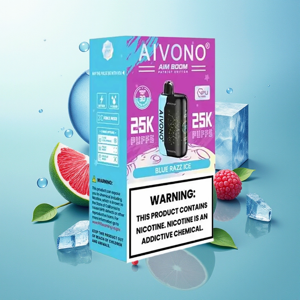 Aivono Aim Boom 25000 Prufų Vienkartinis Garintuvas Mėlynųjų Aviečių Ledas 28ml E-Skysčio 650mAh Baterija 1.2 Omų Tinklelinė Apvija Type-C Įkrovimas 90g Svoris