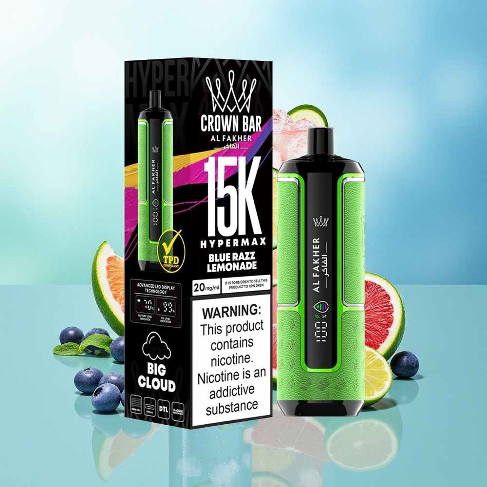 Al Fakher Crown Bar 15K Hypermax 15 000 Pūkų Mėlynųjų Aviečių Citrinų Limonadų Kompaktinis Nešiojamasis