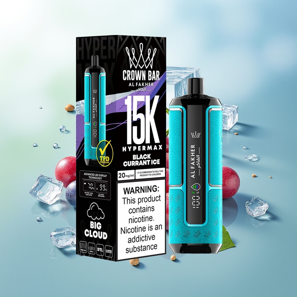 Al Fakher Crown Bar 15K Hypermax 15 000 Potepių Juodojo Serbento Ledas Kompaktiškas Lengvas Nešiojamas