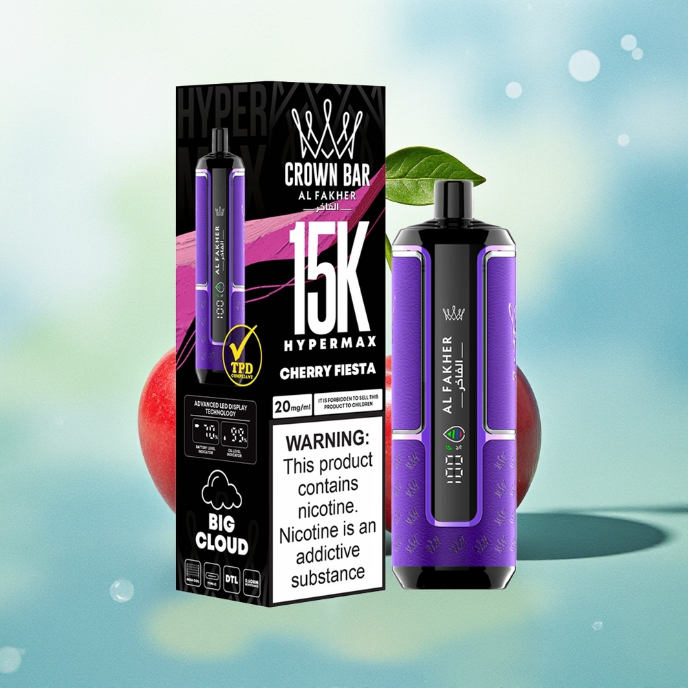 Al Fakher Crown Bar 15K Hypermax Vienkartinė Garinimo Sistema 15 000 Pūkų Vyšnių Fiesta Kompaktiška DTL 6mg/ml