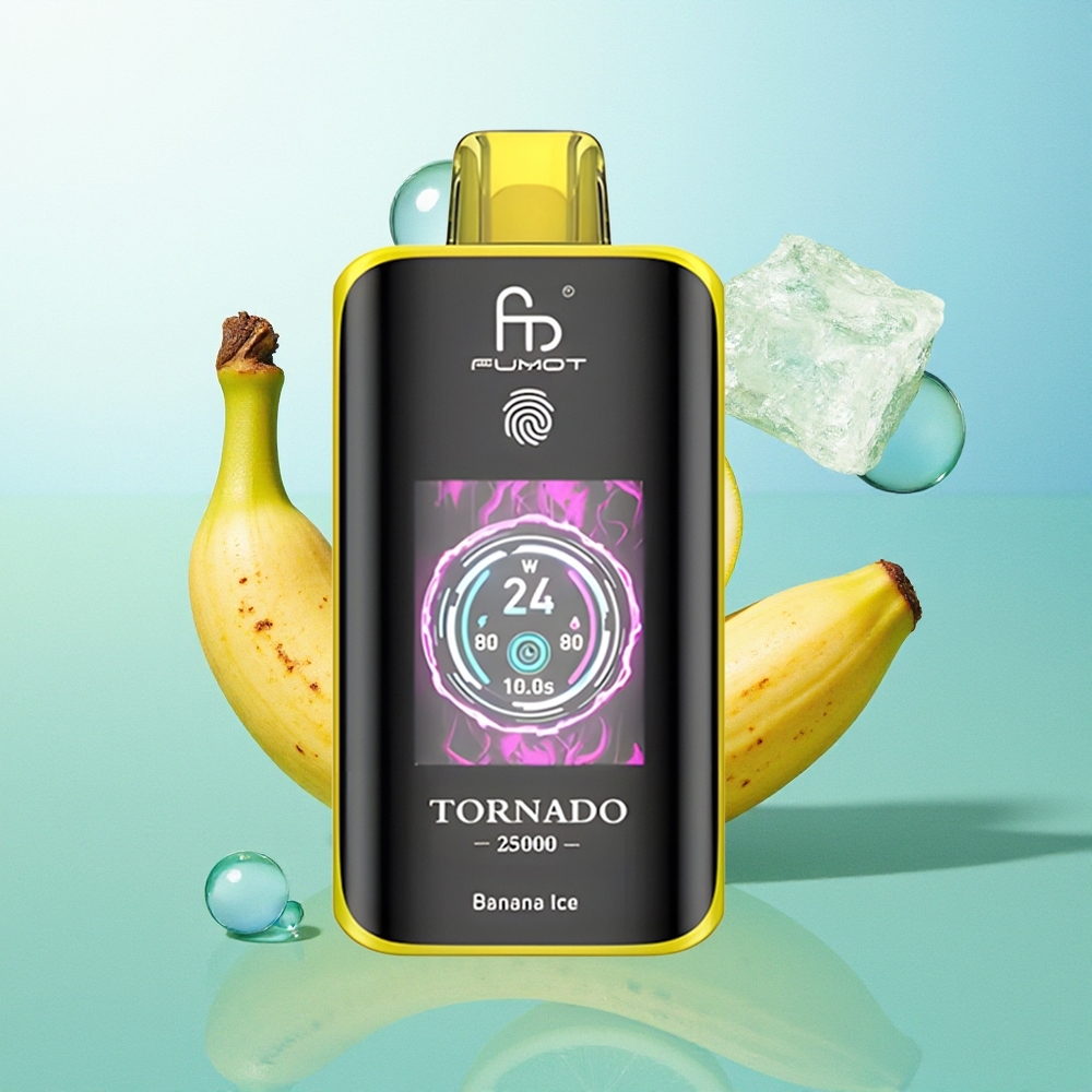 Fumot Tornado 25000 Pūkų Bananinė Ledinė HD Ekranas 700mAh 20ml 0/2%/3%/5% Nicotino Type-C