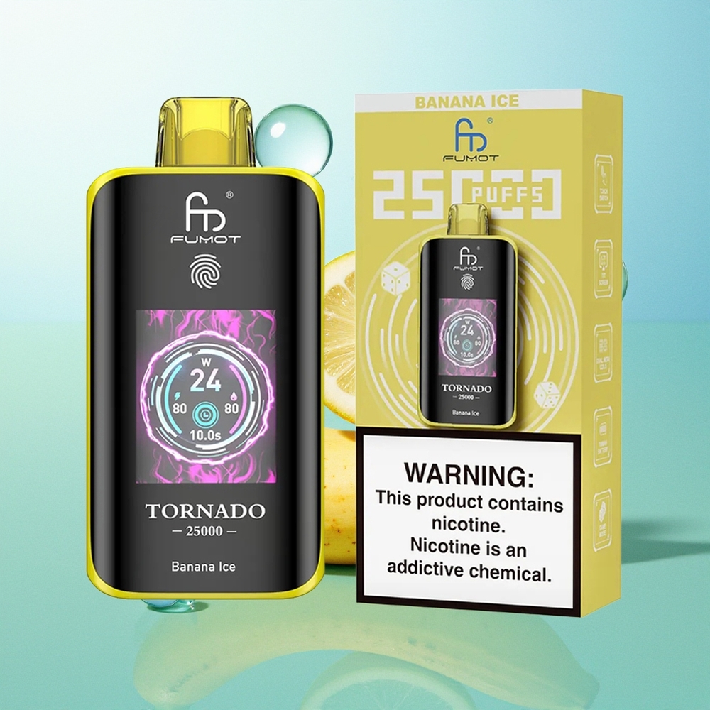 Fumot Tornado 25000 Pūkų Bananinė Ledinė HD Ekranas 700mAh 20ml 0/2%/3%/5% Nicotino Type-C