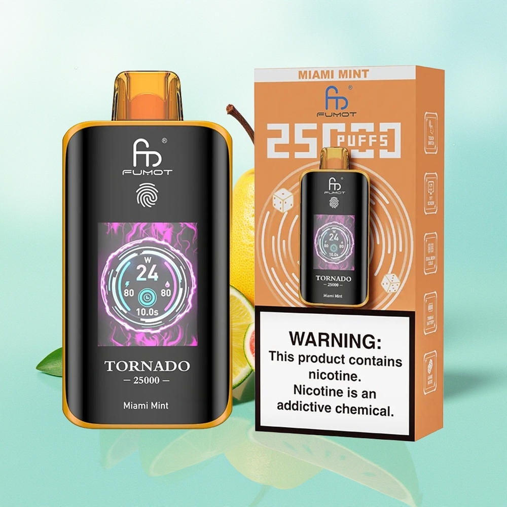Fumot Tornado 25000 Pūkų Miami Mėta Su HD Ekranu 700mAh Įkrovama Baterija 20ml Išankstinio Pildymo Skystis Type-C Įkrovimo Prievadas