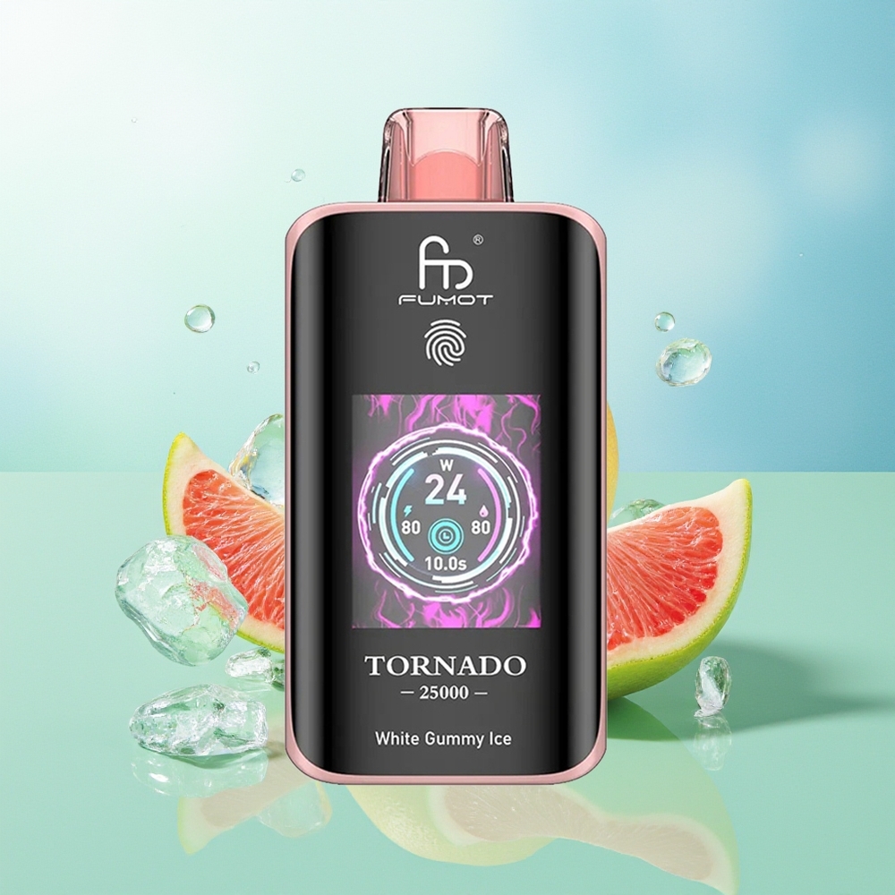 Fumot Tornado 25000 Pūkštelių Baltasis Guminis Ledas su HD Ekranu 700mAh Akumuliatoriumi 20ml Skysčio ir Type-C Įkrovimu
