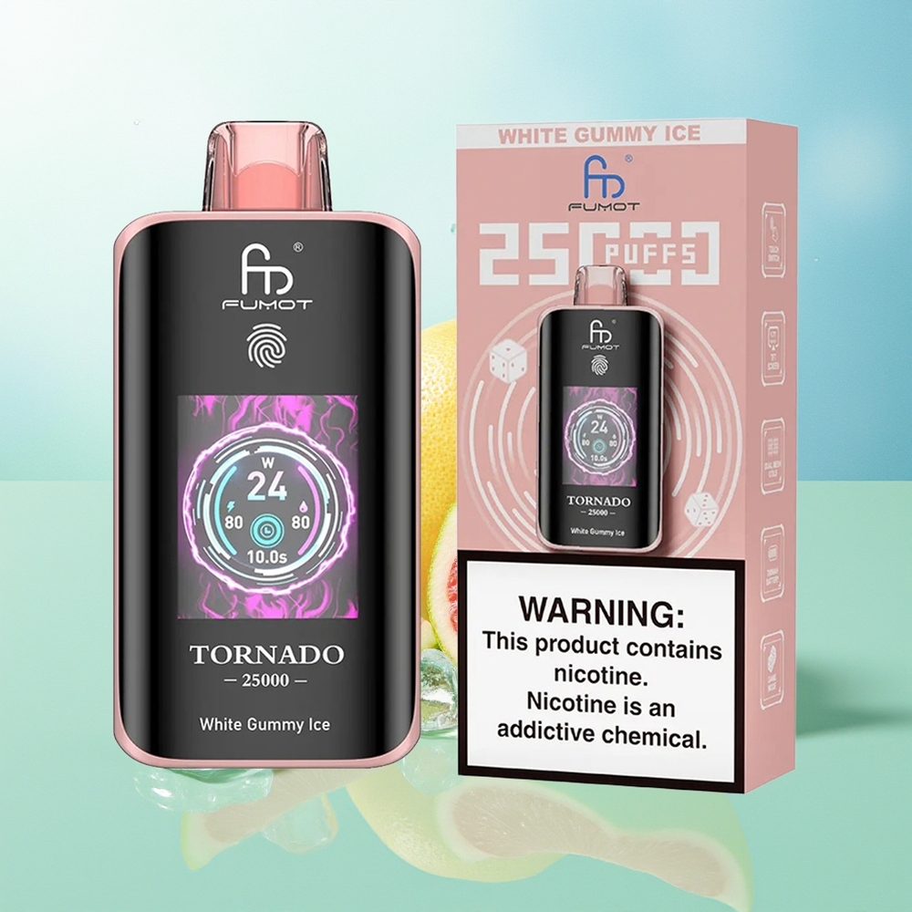 Fumot Tornado 25000 Pūkštelių Baltasis Guminis Ledas su HD Ekranu 700mAh Akumuliatoriumi 20ml Skysčio ir Type-C Įkrovimu