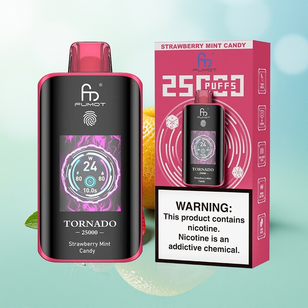 Fumot Tornado 25000 Pūkštelių Braškių Mėtų Saldainiai Su HD Ekranu 20ml Skysčio Type-C Įkrovimu