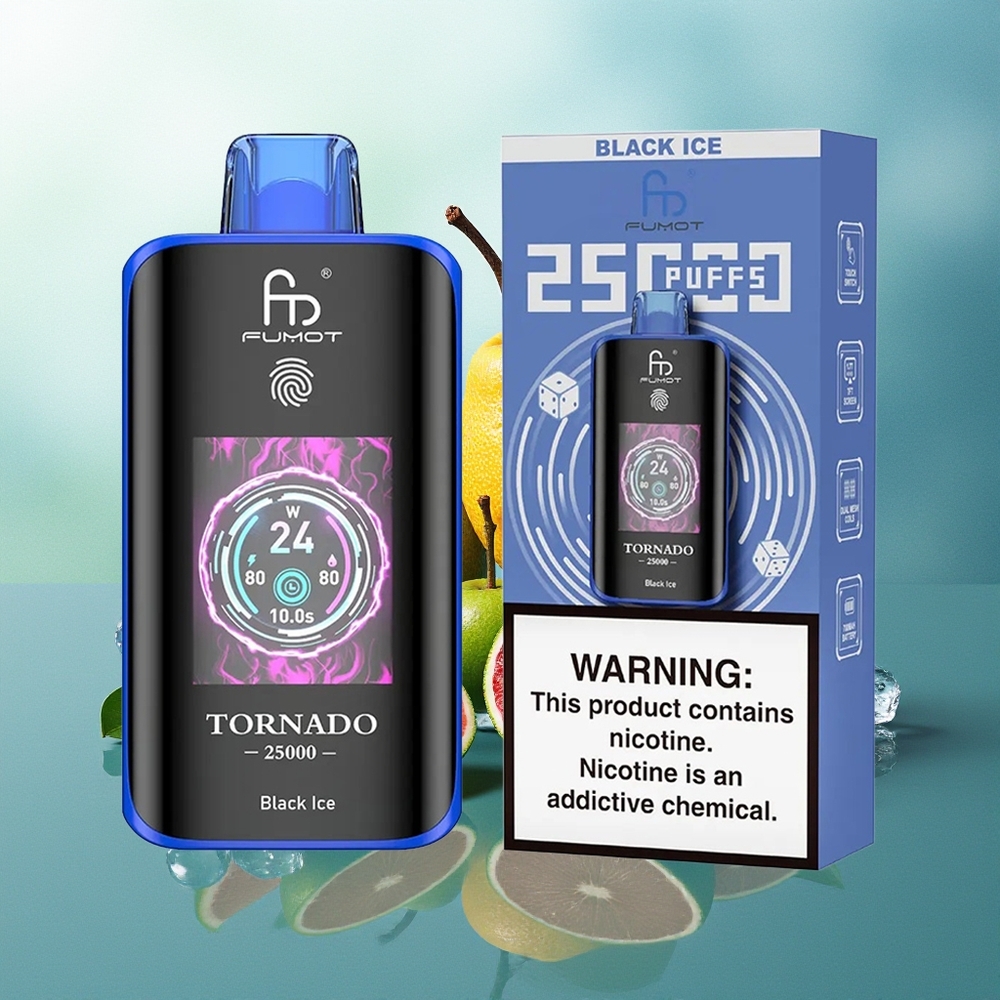 Fumot Tornado 25000 Pūkštelių Juodasis Ledas su HD Ekranu 700mAh Įkrovama Baterija 20ml Skysto 0/2%/3%/5% Nikotino Type-C Įkrovimu