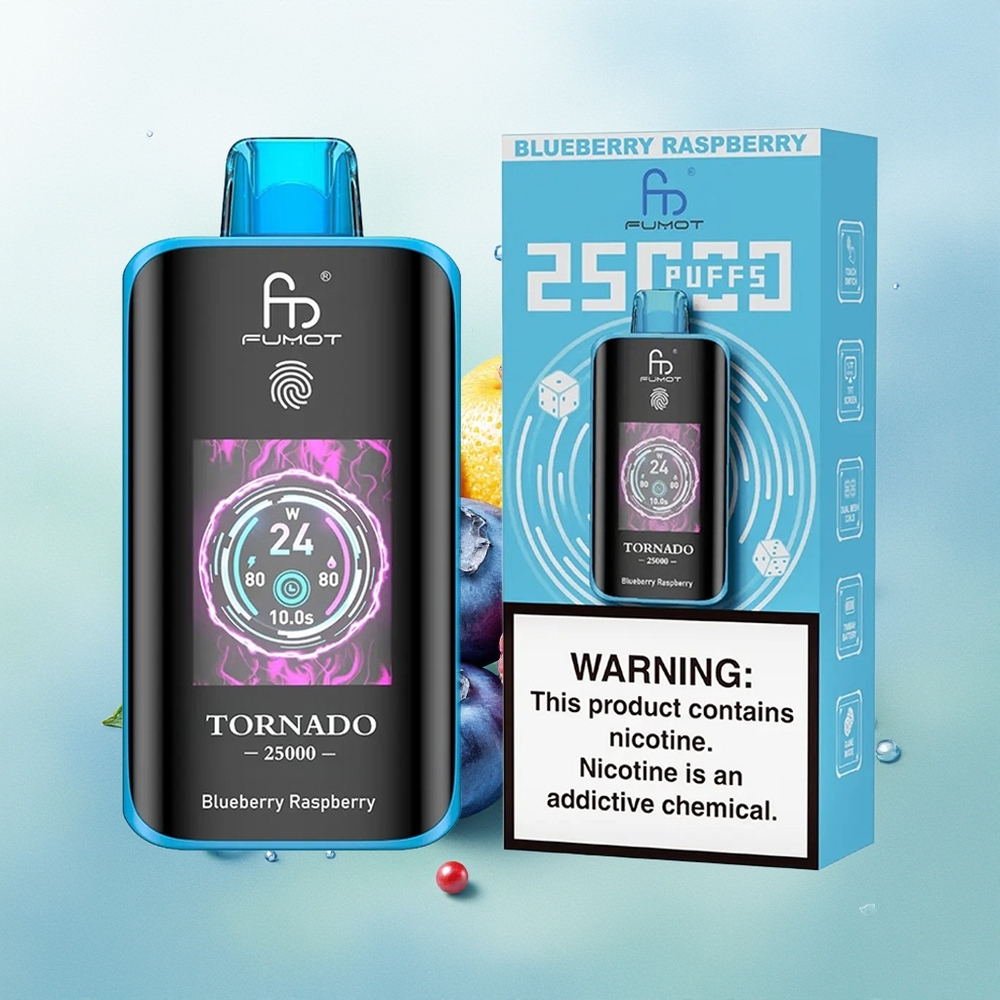 Fumot Tornado 25000 Pūkštelių Mėlynųjų Aviečių ir Baltųjų Aviečių su HD Ekranu 700mAh Akumuliatoriumi 20ml Skysčio ir Type-C Įkrovimu