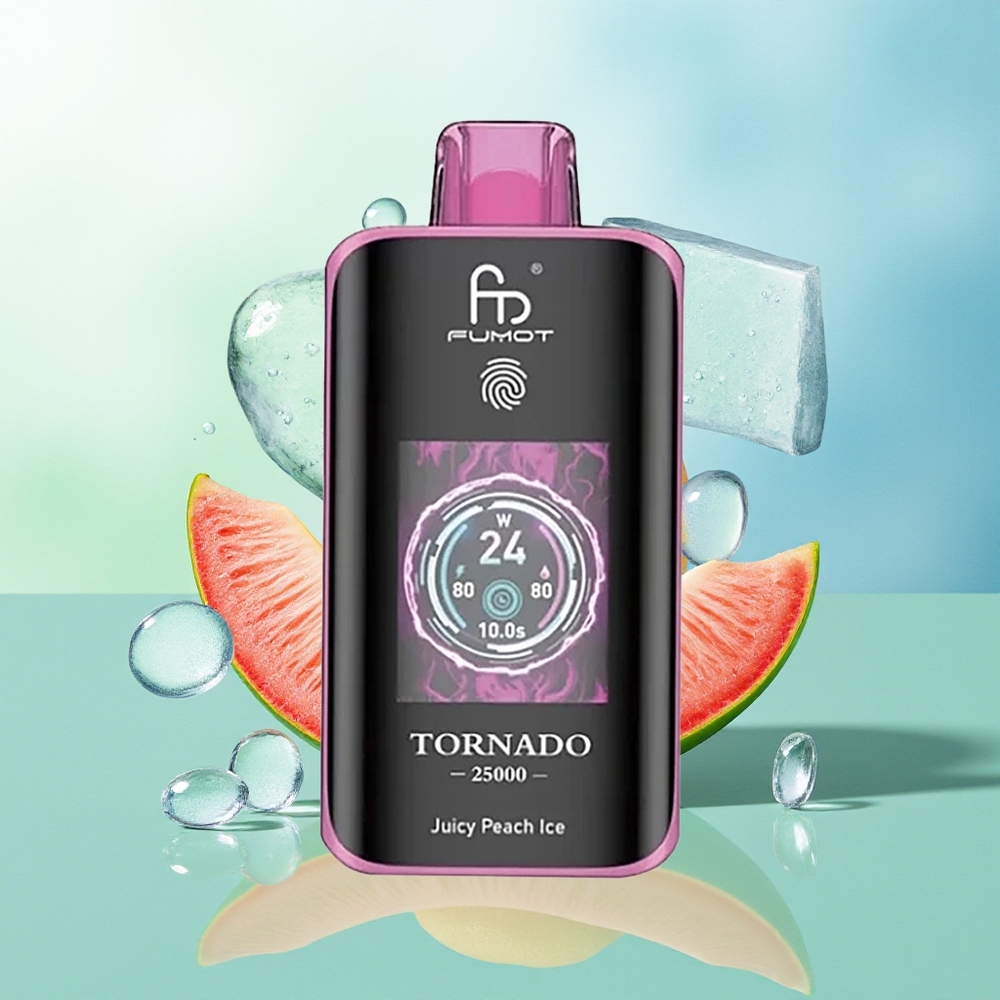 Fumot Tornado 25000 Pūkštelių Sultingas Persikas Ledas su HD Ekranu 700mAh Perkraunama Baterija 20ml Skysčio Type-C Įkrovimu