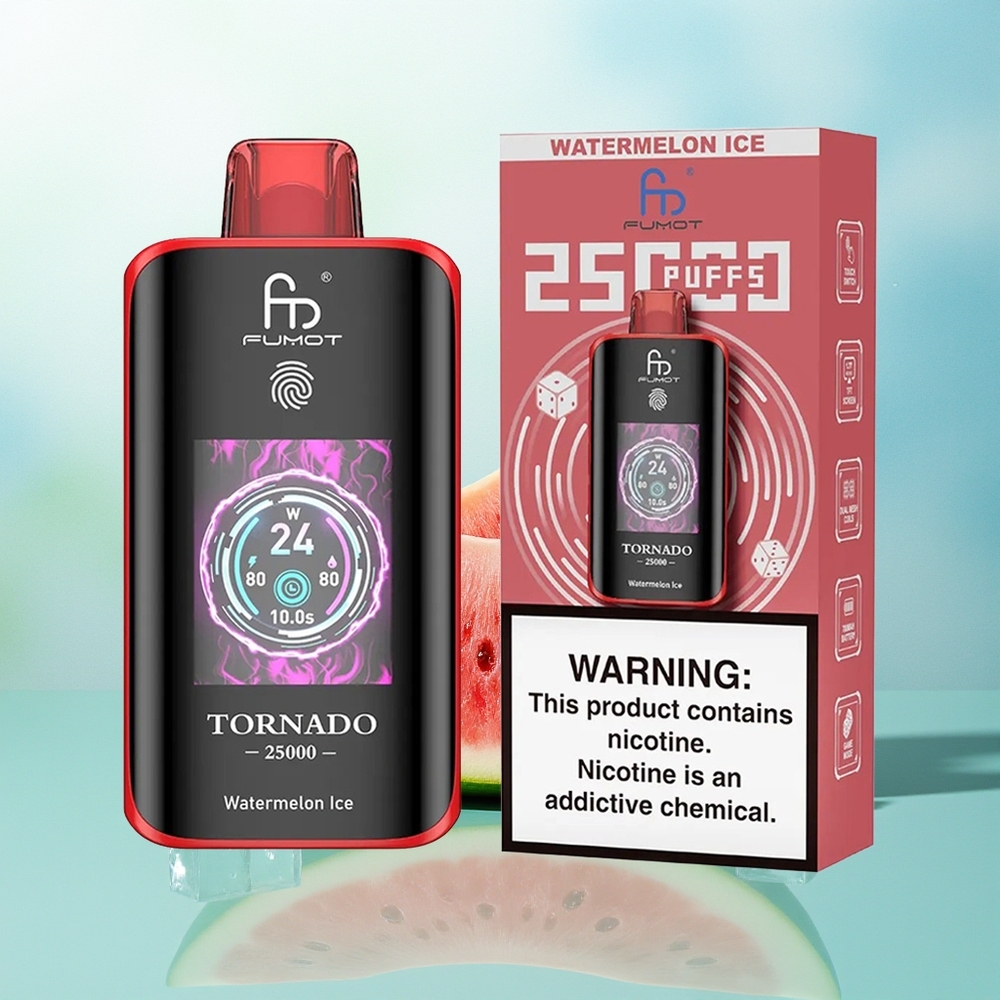 Fumot Tornado 25000 Pufų Vandensmelionų Ledas su HD Ekranu 700mAh Akumuliatoriumi 20ml Skysčio ir Type-C Įkrovimu