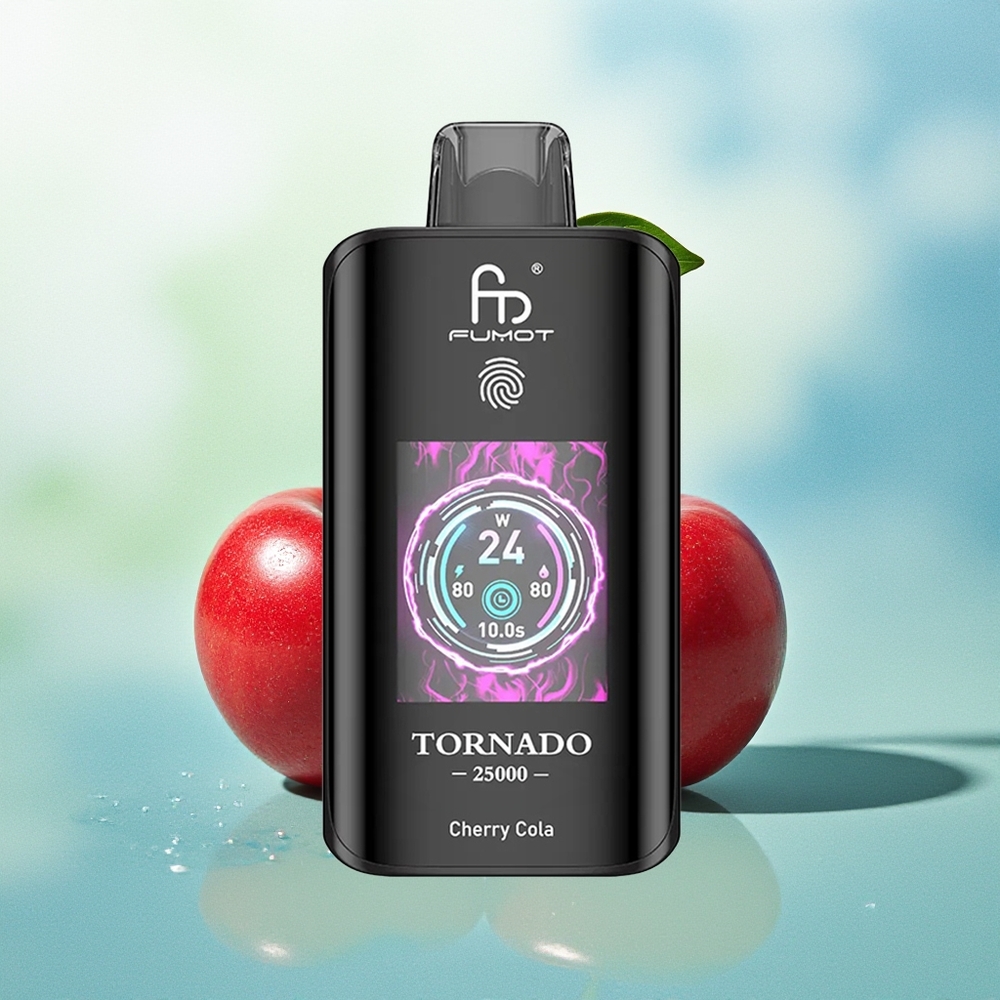 Fumot Tornado 25000 Puffų Vienkartinis Garintuvas Vyšnių Kola su HD Ekranu 700mAh Akumuliatoriumi 20ml Skysčio ir Type-C Įkrovimu