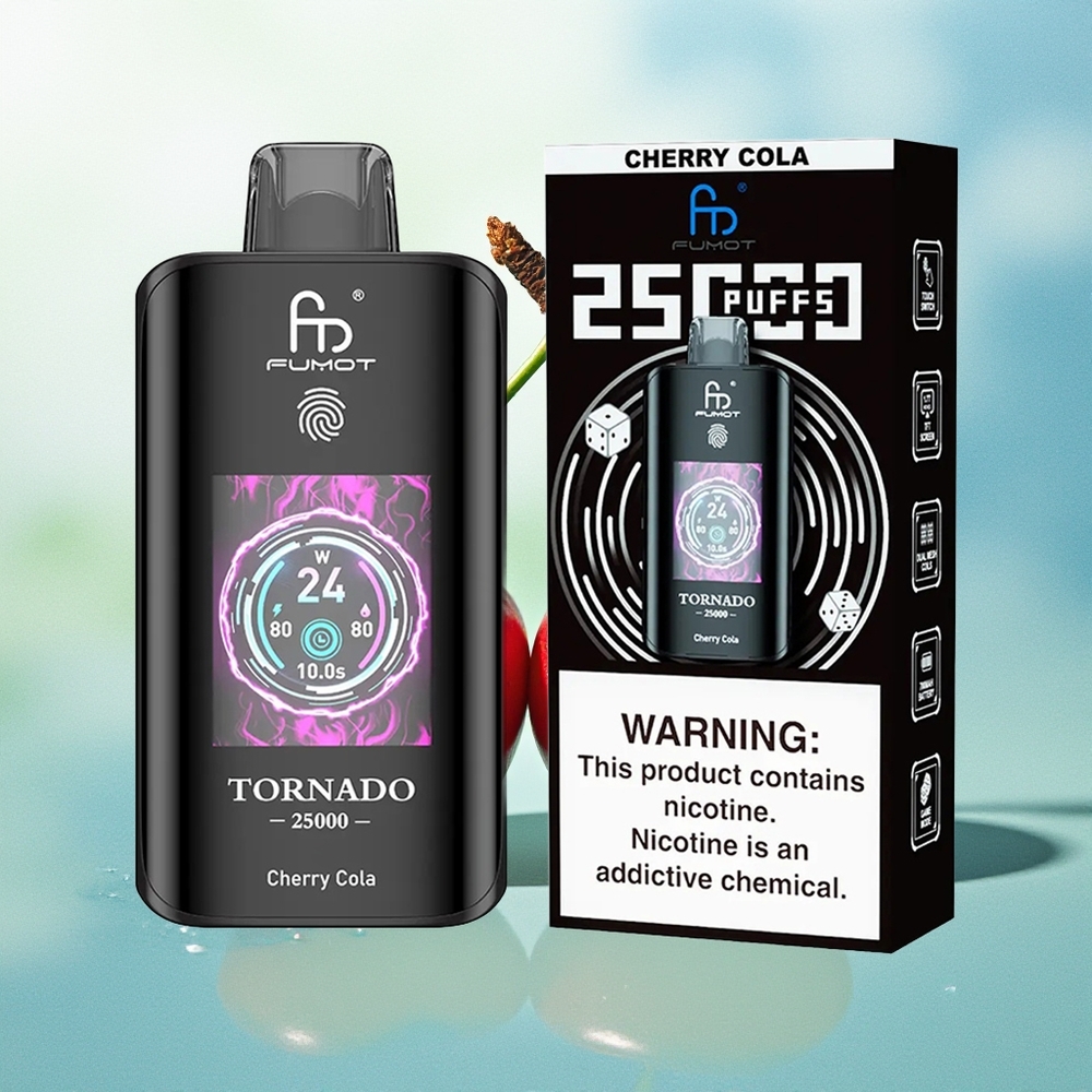 Fumot Tornado 25000 Puffų Vienkartinis Garintuvas Vyšnių Kola su HD Ekranu 700mAh Akumuliatoriumi 20ml Skysčio ir Type-C Įkrovimu