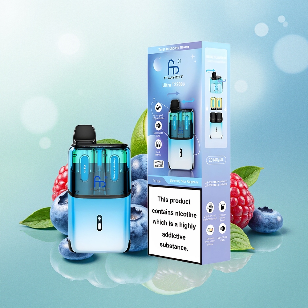 Fumot Ultra T32000 32000 Pūkų Dr Mėlyna - Mėlynųjų Uogų Rūgščios Avietės 800mAh 24ml 20mg Tinklo C Greitas Įkrovimas Išplėstas Tinklinis Šildytuvas