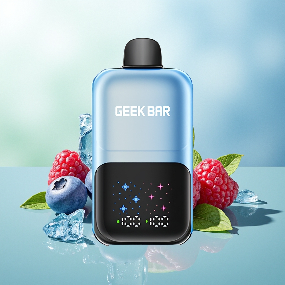 GEEK BAR 2GO 50000 užtraukimų Mėlynųjų aviečių ir aviečių ledas didelis ekranas dviem bakais 20ml koreg